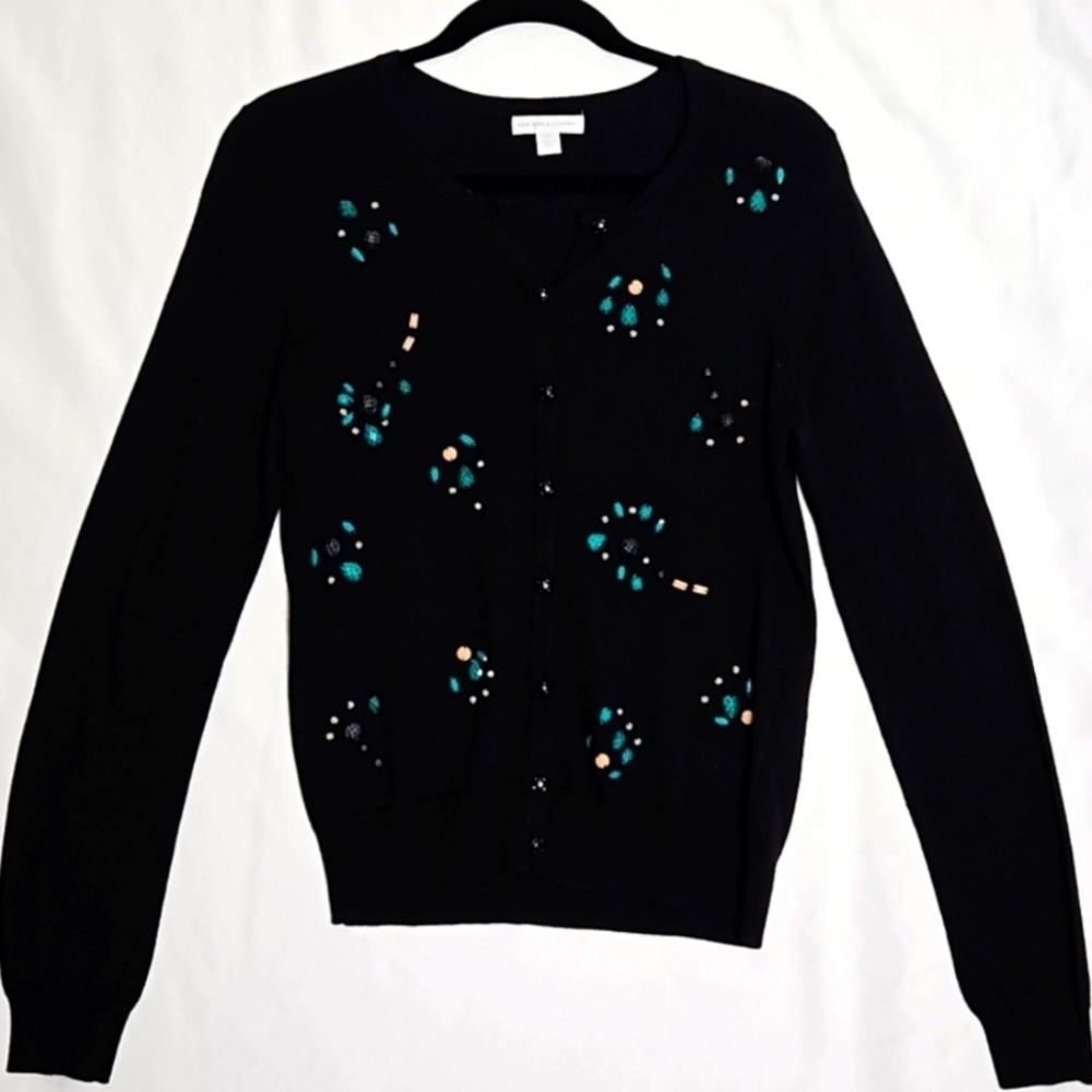 New York & Company Button Front Long Sleeve Beaded Sweater Black Size M